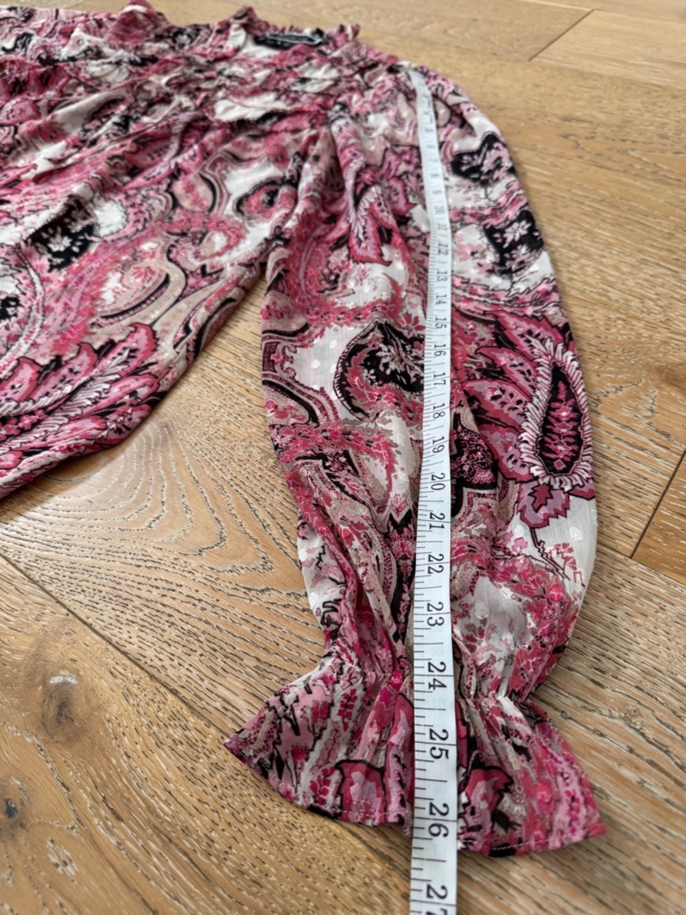 Pink Paisley Sheer Flowy Blouse Tie-Neck Long Sleeve Ruffle Trim Sz S - Picture 15 of 15
